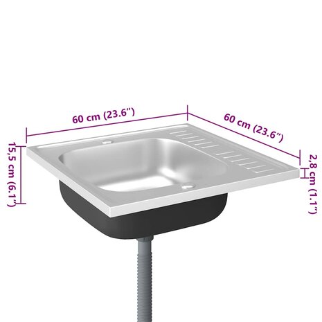 Spoelbak met afvoerset 600x600x155 mm roestvrij staal zilver 10