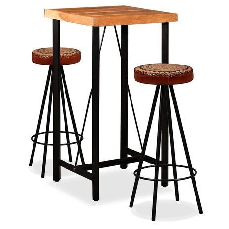 3-delige Barset massief acaciahout, echt leer en canvas 1