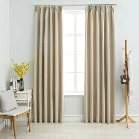 Gordijnen verduisterend met haken 2 st 140x245 cm beige 1
