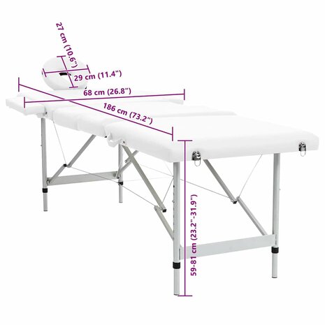 Massagetafel inklapbaar met aluminium frame (vier delen / cr&egrave;mewit) 8