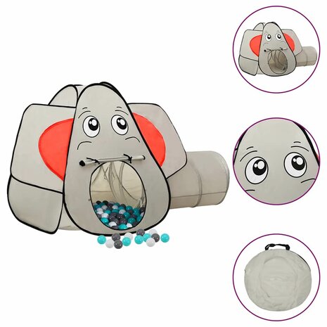 Kinderspeeltent met 250 ballen olifant 174x86x101 cm grijs 1
