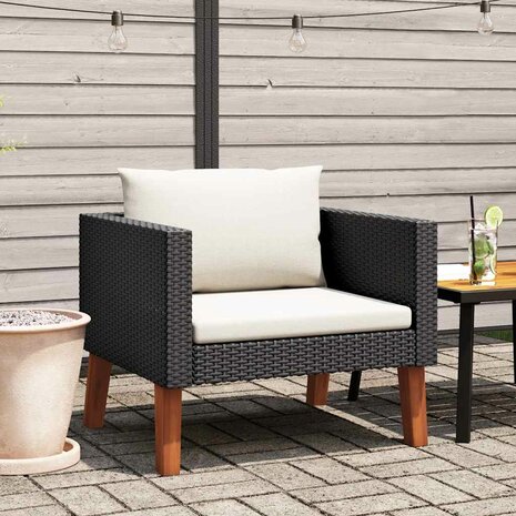 Tuinbank eenzits met kussens poly rattan zwart 1