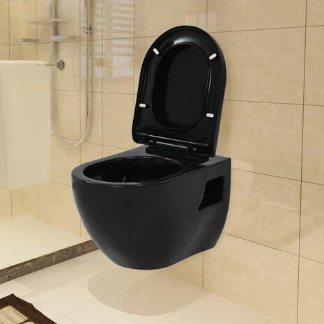 Hangend toilet met verborgen stortbak keramiek zwart 2