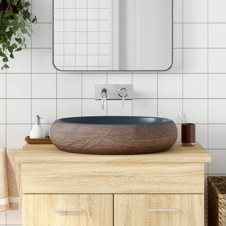 Opzetwasbak ovaal 59x40x15 cm keramiek bruin en blauw 1
