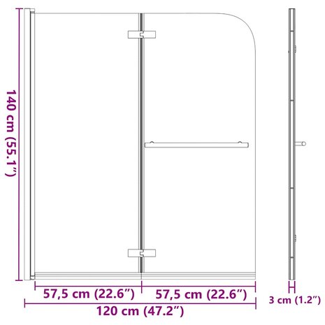 Douchewand inklapbaar 2 panelen 120x140 cm ESG 2