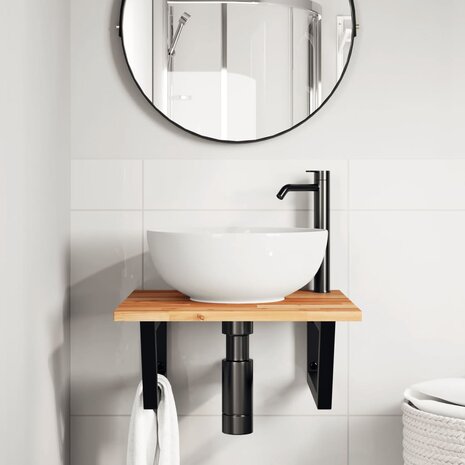 Badkamer wandschap staal en massief acaciahout 3