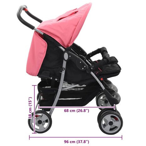Tweeling kinderwagen staal roze en zwart 10