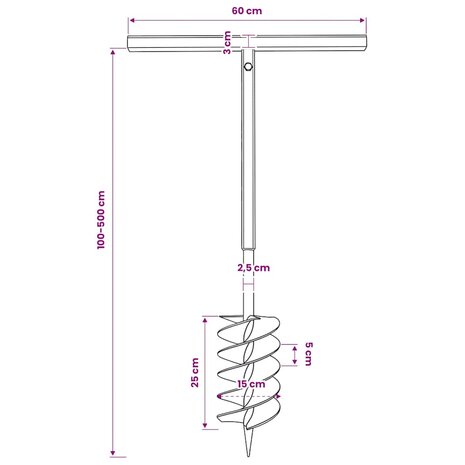 Grondboor met handvat 150 mm en verlengstukken 5 m staal 12