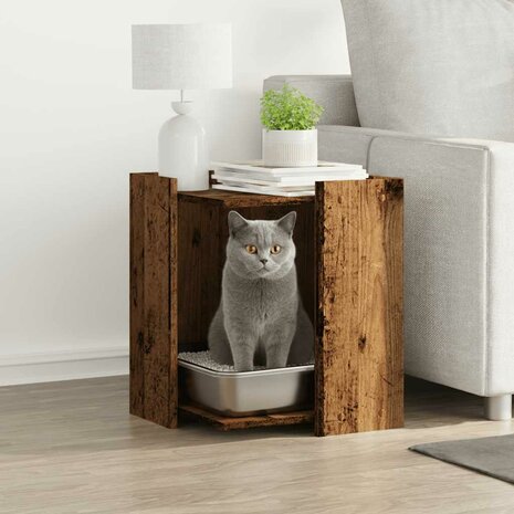 Kattenbakkast 42x42x51 cm bewerkt hout oud houtkleurig 1