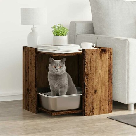 Kattenbakkast 53x53x51 cm bewerkt hout oud houtkleurig 1