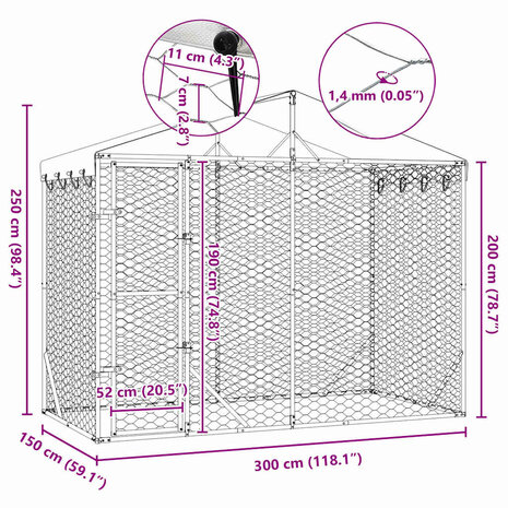 Hondenkennel met dak 3x1,5x2,5 m gegalvaniseerd staal zilver 9
