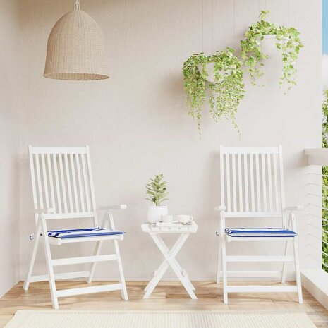 Tuinstoelkussens 2 st gestreept 50x50x4 cm stof wit en blauw 1