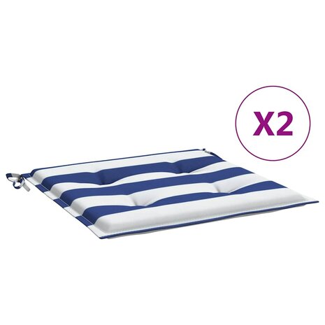 Tuinstoelkussens 2 st gestreept 50x50x4 cm stof wit en blauw 2