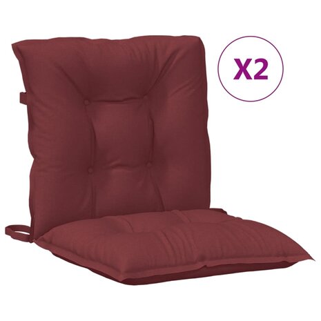 Stoelkussens 2 st lage rug 100x50x7 cm stof gem&ecirc;leerd wijnrood 2