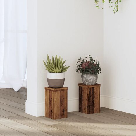 Plantenstandaards 2 st 10x10x18 cm bewerkt hout oud houtkleurig 1