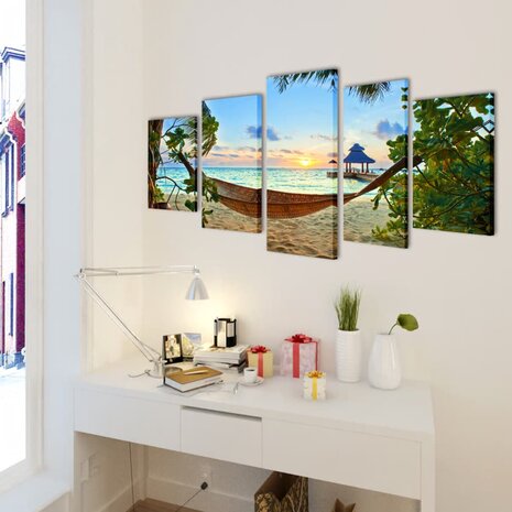 Canvas muurdruk set zandstrand met hangmat 100 x 50 cm 2