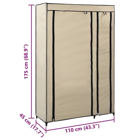 Kledingkast opvouwbaar 110x45x175 cm stof cr&egrave;me 7