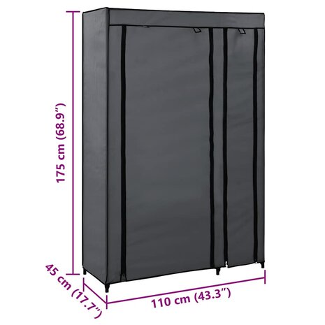 Kledingkast opvouwbaar 110x45x175 cm stof grijs 7