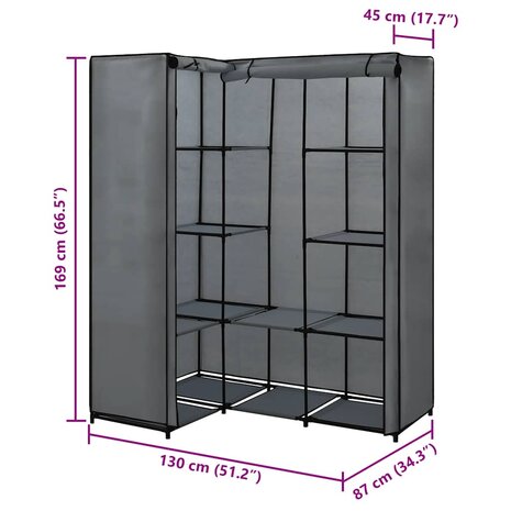 Hoekkledingkast 130x87x169 cm grijs 6