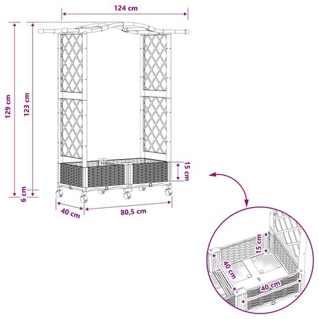 Verhoogde tuinbak met Trellis en Dak Lichtgrijs 124 x 40 x 129 cm PP 9