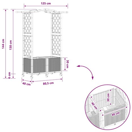 Verhoogde tuinbak met Trellis en Dak Zwart 125 x 40 x 144 cm PP 9