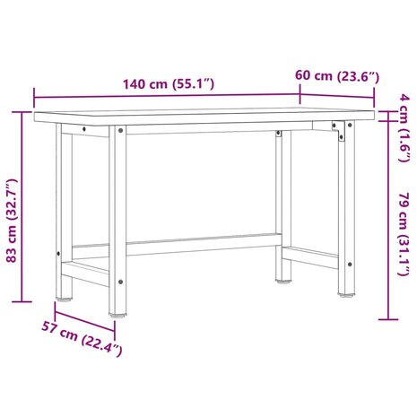 Werkbank rechthoekig 140x60x83 cm massief acaciahout 11