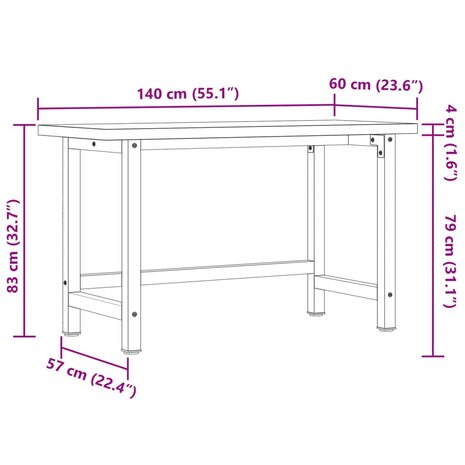Werkbank rechthoekig 140x60x83 cm massief acaciahout 11