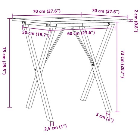 Eettafel X-frame 70x70x75 cm massief grenenhout en staal 10