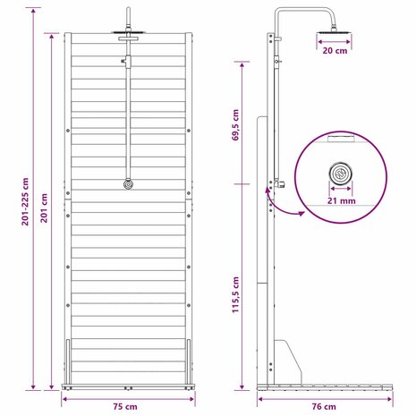 Buitendouche 225 cm Massief grenenhout en roestvrij staal 11
