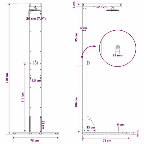 Buitendouche 210 cm Massief grenenhout en roestvrij staal 10
