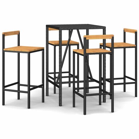 5-delige Tuinbarset poly rattan en massief acaciahout zwart 2