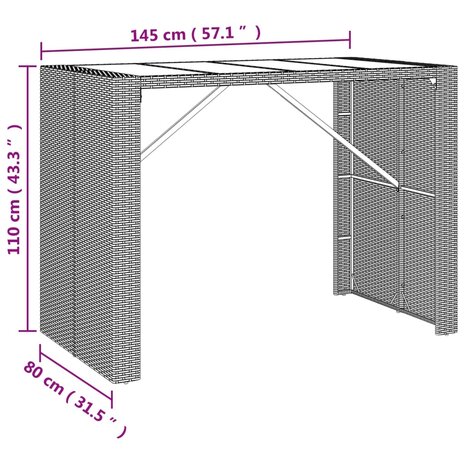 Bartafel met glazen blad 145x80x110 cm poly rattan zwart 6