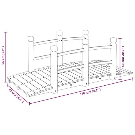 Tuinbrug met leuningen 150x67x56 cm massief vurenhout 6