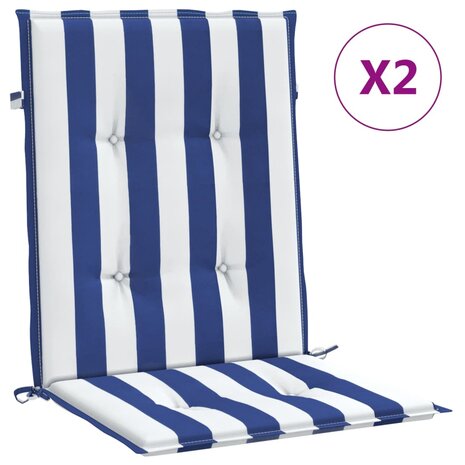Stoelkussens 2 st lage rug gestreept stof wit en blauw 2