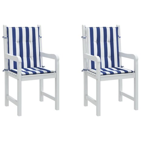 Stoelkussens 2 st lage rug gestreept stof wit en blauw 4