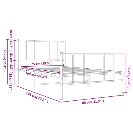 Bedframe met hoofd- en voeteneinde metaal wit 75x190 cm 10