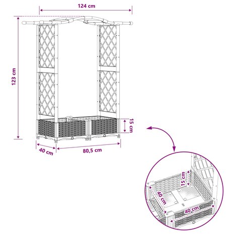 Verhoogde tuinbak met Trellis en Dak Bruin 124 x 40 x 123 cm PP 8