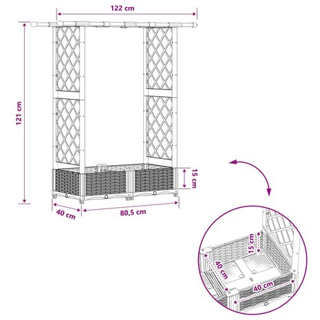 Verhoogde tuinbak met Trellis en Dak Zwart 122,5 x 40 x 121 cm PP 8