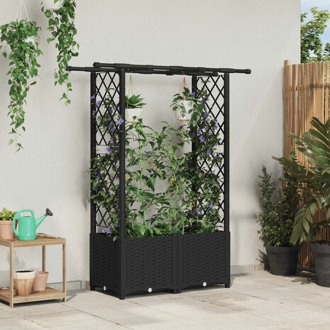 Verhoogde tuinbak met Trellis en Dak Zwart 124,5 x 40 x 136 cm PP 1