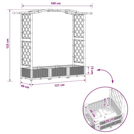 Verhoogde tuinbak met Trellis en Dak Grijs 169 x 40 x 123 cm PP 8