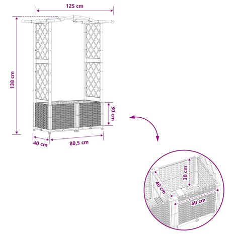 Verhoogde tuinbak met Trellis en Dak Grijs 125 x 40 x 138 cm PP 8