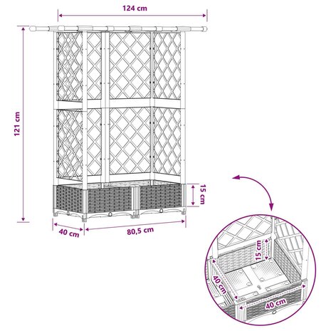 Verhoogde tuinbak met Trellis en Dak Grijs 124 x 40 x 121 cm PP 8