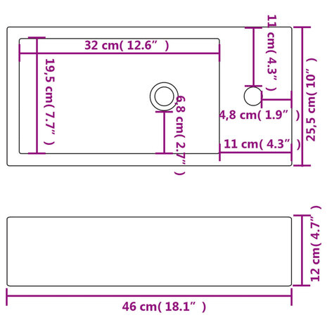 Wastafel met kraangat rechthoekig wit 46x25,5x12 cm keramiek 6