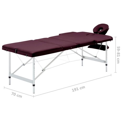 Massagetafel inklapbaar 3 zones aluminum wijnpaars 9