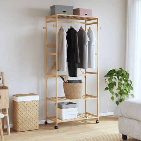 Kledingrek met schappen en wielen 90x40x179,5 cm bamboe 2