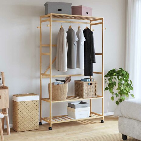 Kledingrek met schappen en wielen 110x40x180 cm bamboe 2