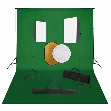 Fotostudioset met softboxlampen, achtergrond en reflector 1