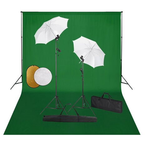 Fotostudioset met lampen, paraplu's, achtergrond en reflector 1