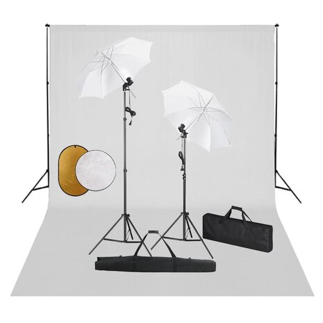 Fotostudioset met lampen, paraplu's, achtergrond en reflector 1