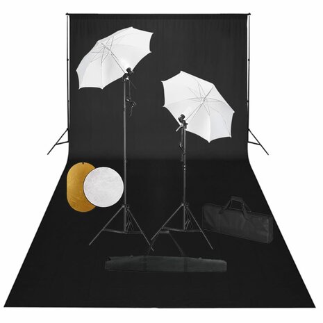 Fotostudioset met lampen, paraplu's, achtergrond en reflector 1